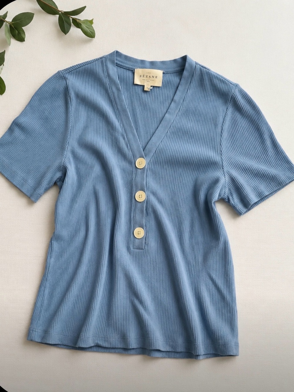 Sézane Ribbed Button-Front Top | Size L | Blue